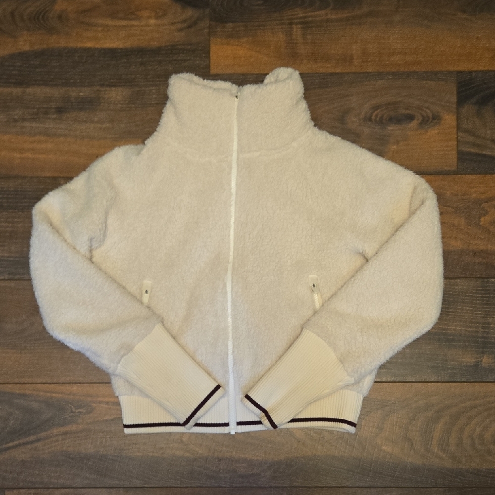 Athleta Sherpa Jacket, XXS. White/Cream With Brown Trim